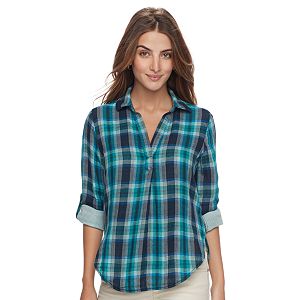 Petite SONOMA Goods for Life™ Plaid Splitneck Shirt