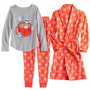 Girls 4-14 SO® Fleece Snowflake Robe, Glitter Graphic Tee & Bottoms Pajama Set