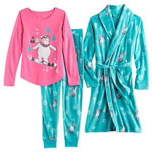Girls 4-14 SO® Fleece Robe, Animal Foil Graphic Tee & Bottoms Pajama Set