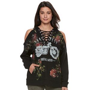 Women's Rock & Republic® Lace-Up Cold-Shoulder Graphic Hoodie