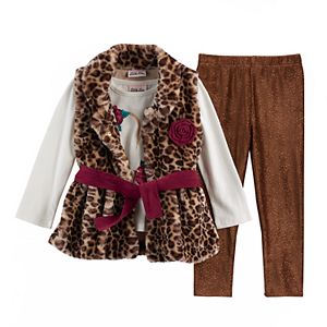Toddler Girl Little Lass Faux Fur Vest, Heart Tee & Glitter Leggings Set