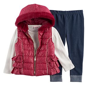 Toddler Girl Little Lass Foil Faux Fur Vest, Ribbed Tee & Jeggings Set