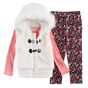 Toddler Girl Little Lass Faux Fur Hooded Vest, Ribbed Tee & Floral Leggings Set
