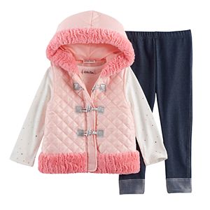 Toddler Girl Little Lass Faux Fur Vest, Foil Tee & Jeggings Set