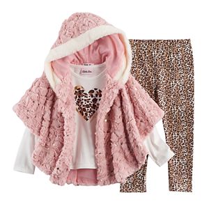 Toddler Girl Little Lass Faux Fur Poncho, Heart Tee & Cheetah Leggings Set