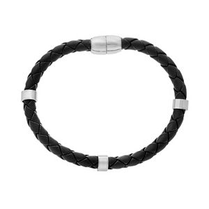 1913 Men's Stainless Steel & Braided Black Leather Bracelet