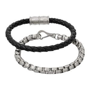 1913 Men's Stainless Steel Box Chain & Braided Black Leather Bracelet Set
