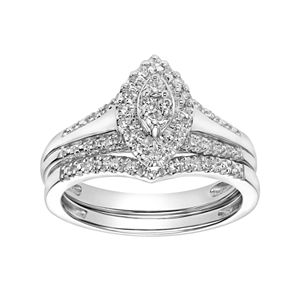 Lovemark 10k White Gold 1/4 Carat T.W. Diamond Marquise Engagement Ring Set