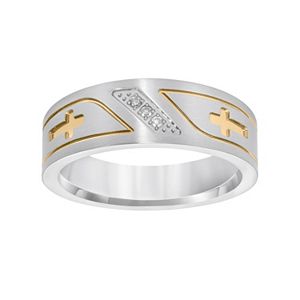 Lovemark Yellow Ion-Plated Stainless Steel and Stainless Steel Diamond Accent Men's Sideways Cross Band