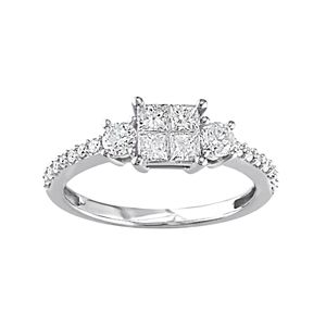 14k White Gold 3/4 Carat T.W. Diamond Square 3-Stone Ring