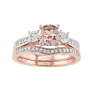 10k Rose Gold Morganite, Lab-Created White Sapphire & 1/8 Carat T.W. Diamond Engagement Ring Set