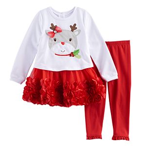Toddler Girl French Terry & Rosette Reindeer Dress & Leggings Set