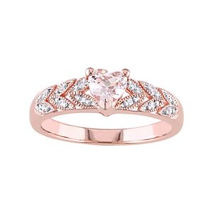 Rose Gold Tone Sterling Silver Morganite & Diamond Accent Heart Leaf Ring