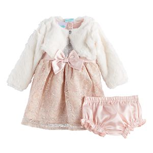Baby Girls Nannette 3-pc. Faux-Fur Shrug & Lace Dress