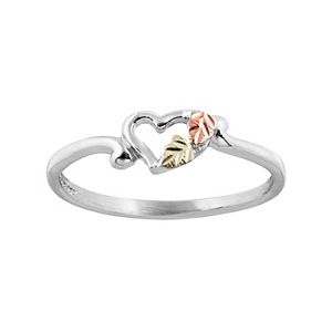 Black Hills Gold Tri Tone Leaf Heart Ring in Sterling Silver