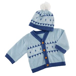 Baby Aspen Blue Fair Isle Cardigan And Pom Pom Hat Set