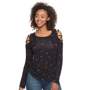 Juniors' Mudd® Lattice Cold-Shoulder Sleeve Top