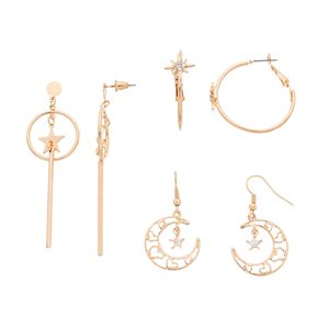 Mudd® Celestial Nickel Free Drop, Hoop & Linear Earring Set