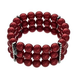 Red Simulated Pearl Multi Strand Stretch Bracelet