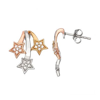 Jewelexcess Tri Tone Sterling Silver 1/5 Carat T.W. Diamond Star Drop Earrings