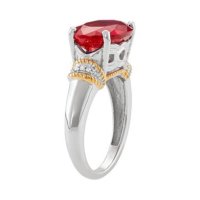 Jewelexcess Two Tone Sterling Silver Lab-Created Ruby & Diamond Accent Ring