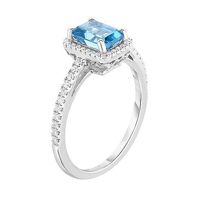 Sterling Silver Blue Topaz & Cubic Zirconia Square Halo Ring