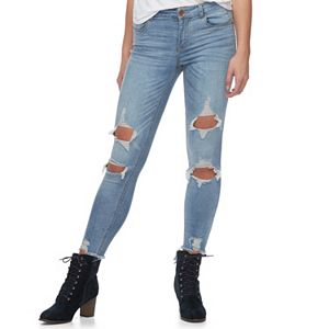 Juniors' Almost Famous Frayed Hem Ripped Skinny Jeans