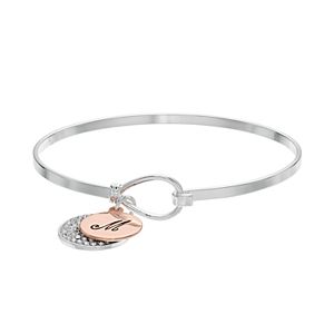 Two Tone Silver Plated Crystal Disc & Initial Charm Bangle Bracelet