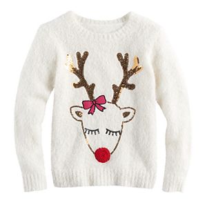 Girls 7-16 & Plus Size It's Our Time Sequin Reindeer Fuzzy Ugly Christmas Sweater