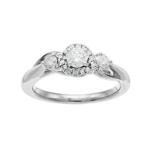 10k White Gold 1/2 Carat T.W. Diamond 3-Stone Halo Engagement Ring
