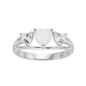 Sterling Silver Lab-Created Opal & White Sapphire Triple Heart Ring