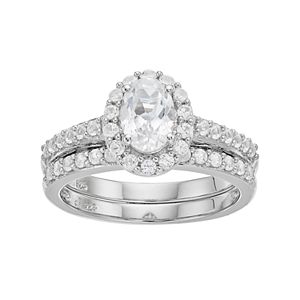 Sterling Silver Lab-Created White Sapphire Oval Halo Engagement Ring Set