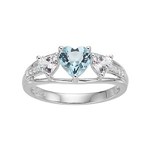 Sterling Silver Simulated Aquamarine & Lab-Created White Sapphire Triple Heart Ring