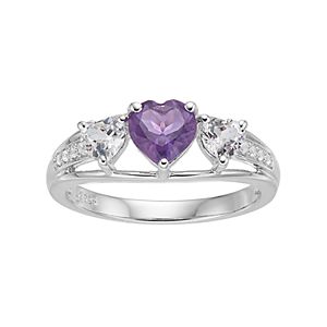 Sterling Silver Amethyst & Lab-Created White Sapphire Triple Heart Ring