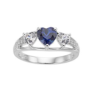 Sterling Silver Lab-Created Blue & White Sapphire Triple Heart Ring