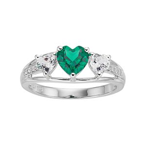 Sterling Silver Simulated Emerald & Lab-Created White Sapphire Triple Heart Ring
