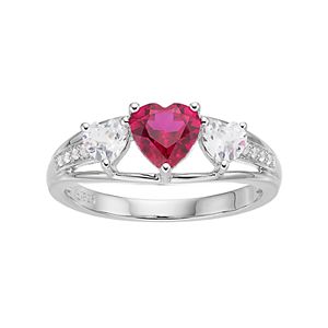 Sterling Silver Lab-Created Ruby & White Sapphire Triple Heart Ring