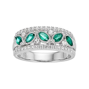 Sterling Silver Lab-Created Emerald & White Sapphire Multi Row Ring
