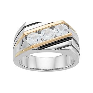 Men's Two Tone Sterling Silver Lab-Created White Sapphire 3-Stone Ring