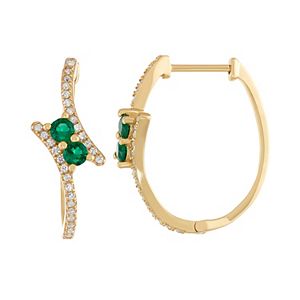 Gold Tone Sterling Silver Simulated Emerald & Lab-Created White Sapphire Oval Hoop Earrings
