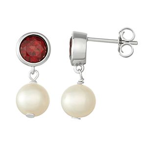 Sterling Silver Garnet & Freshwater Cultured Pearl Drop Earrings