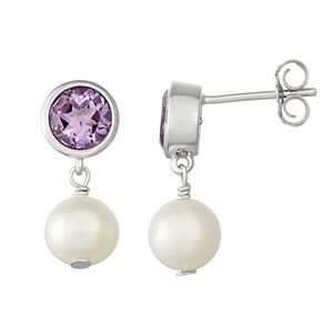 Sterling Silver Amethyst & Freshwater Cultured Pearl Drop Earrings