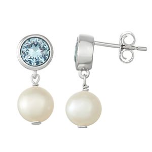 Sterling Silver Lab-Created Blue Spinel & Freshwater Cultured Pearl Drop Earrings