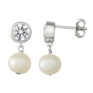 Sterling Silver Lab-Created White Sapphire & Freshwater Cultured Pearl Drop Earrings