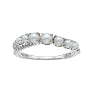 PearLustre by Imperial Sterling Silver Freshwater Cultured Pearl & White Topaz Graduated Ring