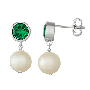 Sterling Silver Lab-Created Green Spinel & Freshwater Cultured Pearl Drop Earrings