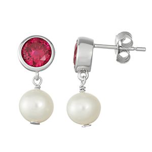 Sterling Silver Lab-Created Red Sapphire & Freshwater Cultured Pearl Drop Earrings