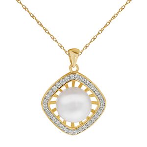PearLustre by Imperial 14k Gold Over Silver Freshwater Cultured Pearl & White Topaz Square Halo Pendant