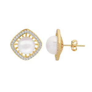 14k Gold Over Silver Freshwater Cultured Pearl & White Topaz Halo Stud Earrings