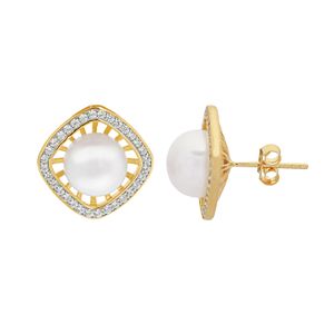 14k Gold Over Silver Freshwater Cultured Pearl & White Topaz Halo Stud Earrings